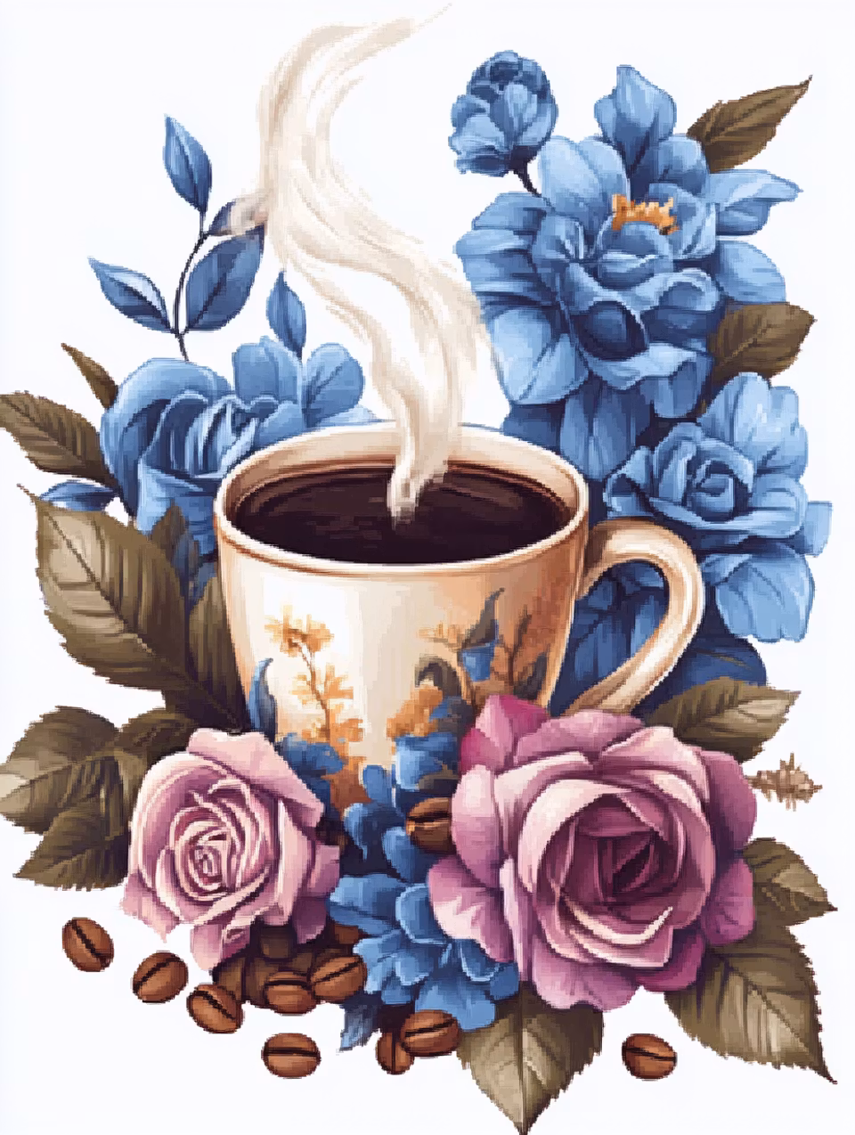 diamond painting resin, tekopp med kaffe samt blommor