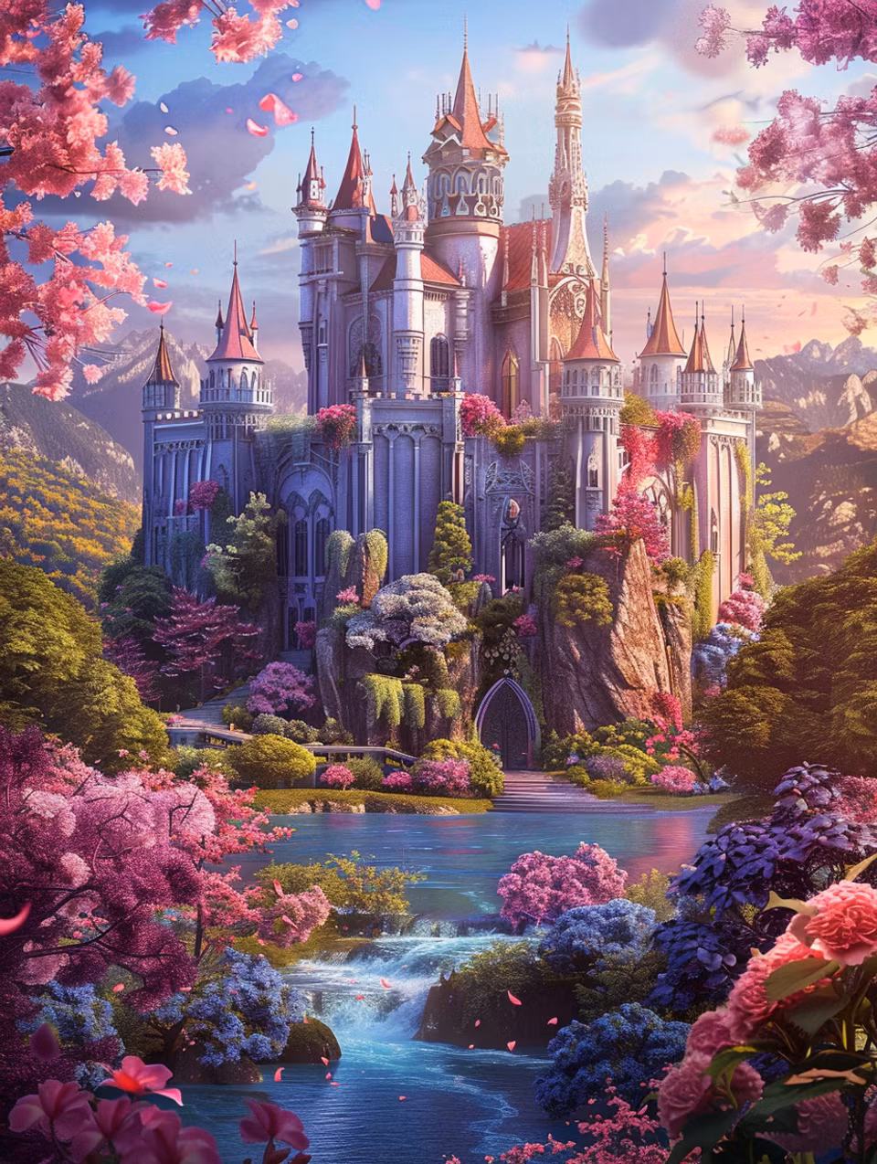 diamond painting resin, majestätiskt slott omgärdat av blomstrande träd