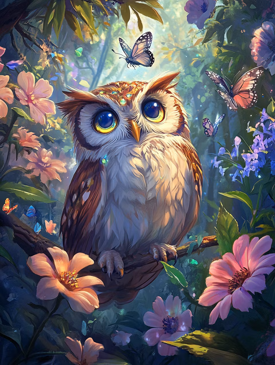 diamond painting resin, uggla med lysande ögon bland blommor och fjärilar