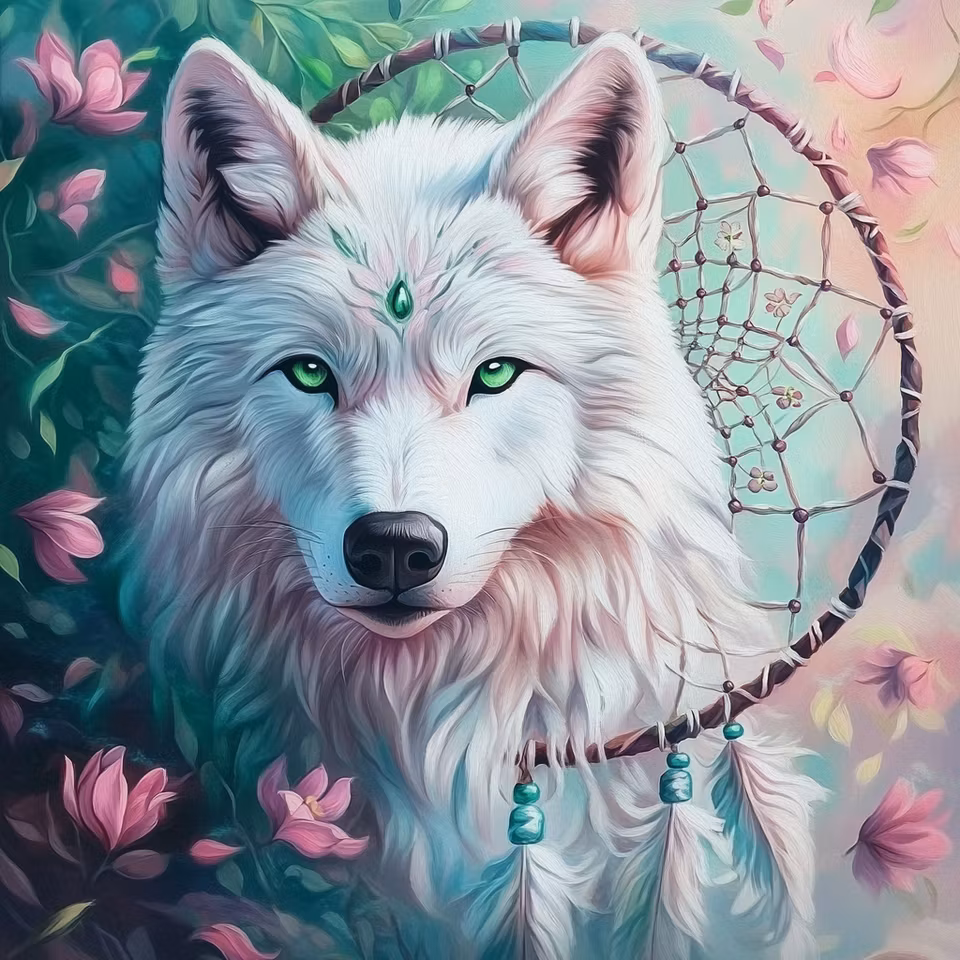 diamond painting resin, vit varg med smaragdgröna ögon och ädelsten i pannan i en drömfångare