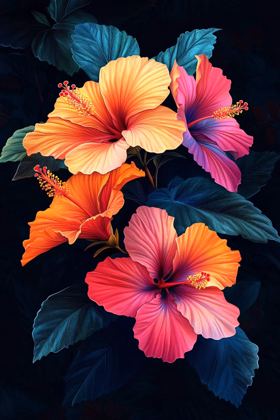 Diamond painting Resin - Färgstarka hibiskusblommor mot mörk bakgrund 40x60cm