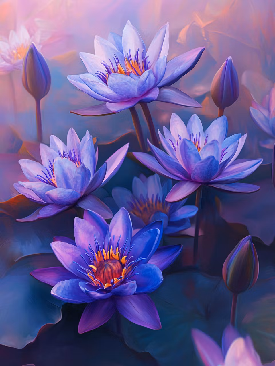 diamond painting resin, diamanttavla, lila näckrosor, blommor och blad