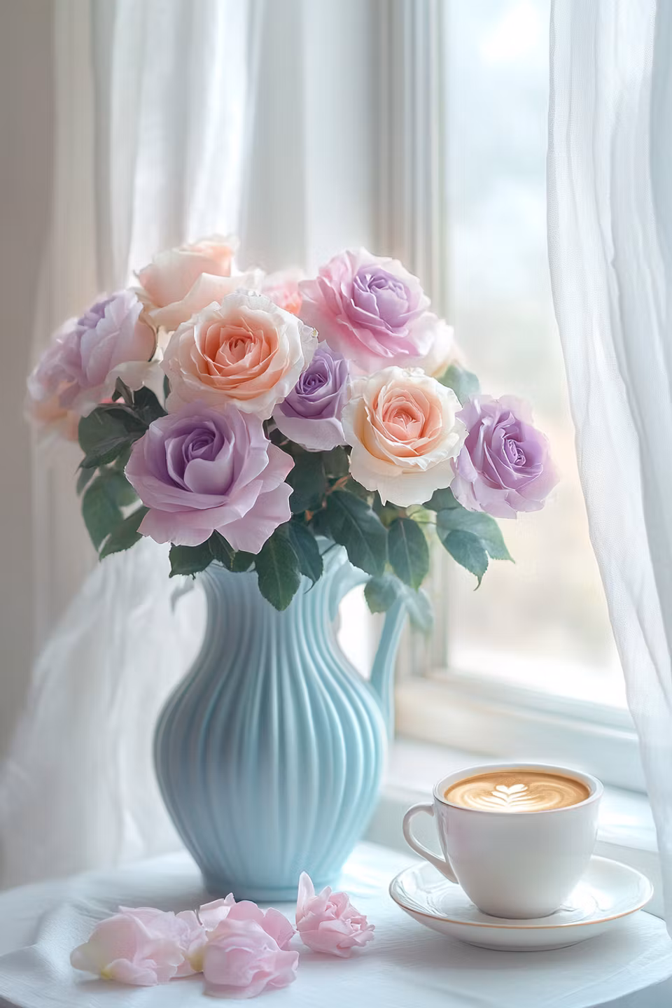diamond painting resin, diamanttavla, pastellfärgad rosvas med en kopp kaffe