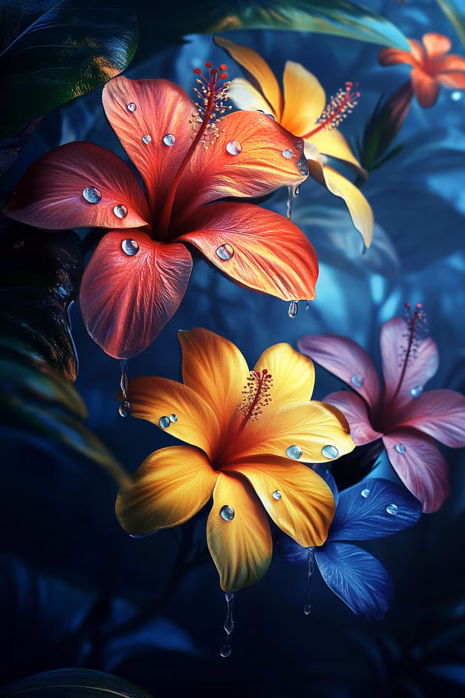 diamond painting resin, diamanttavla, färgsprakande hibiskusblommor, daggdroppar