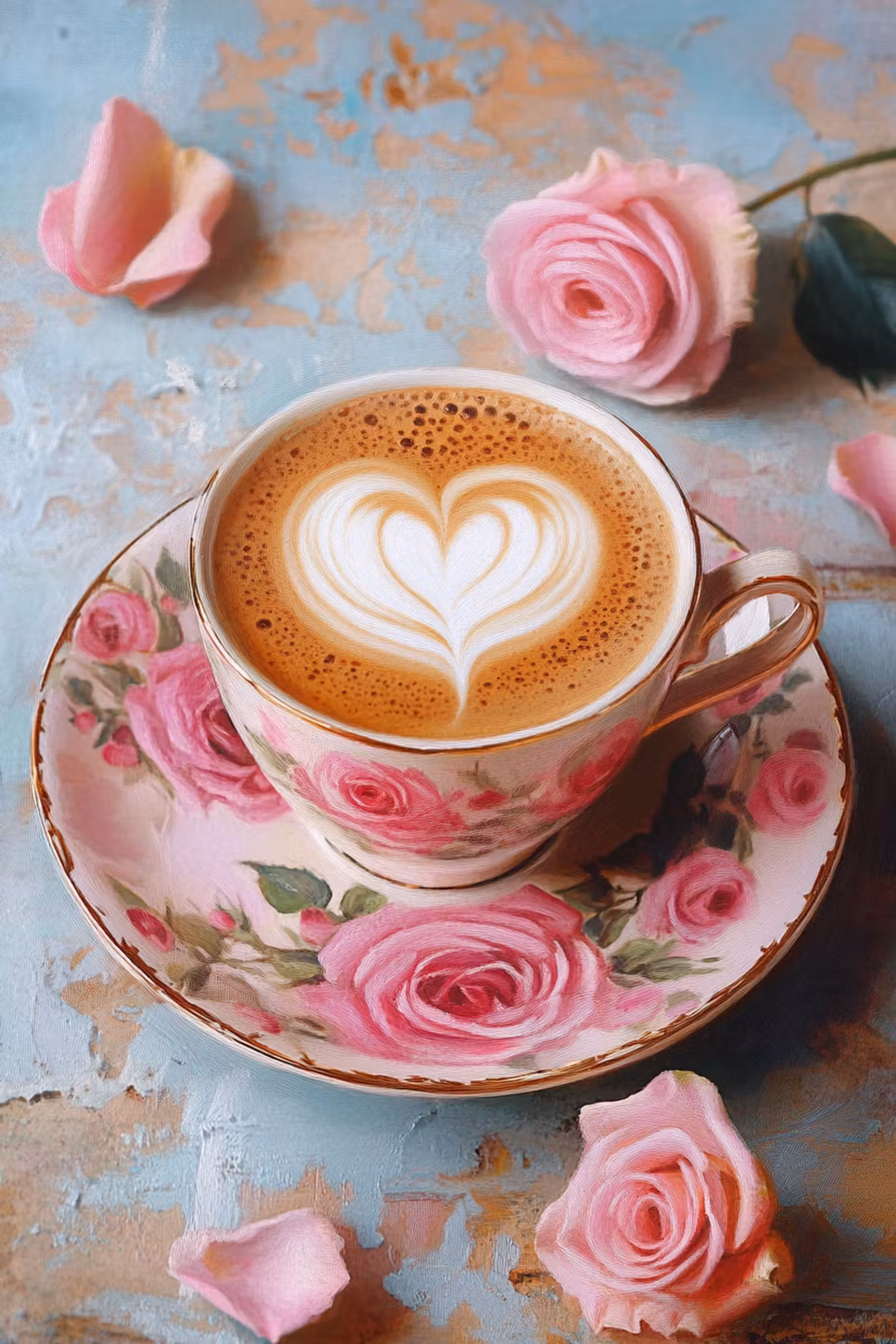 diamond painting resin, diamanttavla, kopp kaffe med latte art, rosdekorerad kopp
