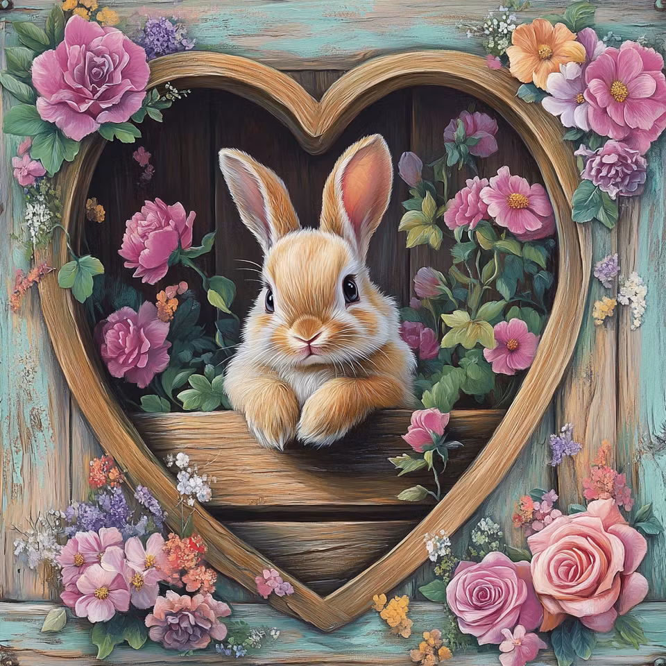 diamond painting resin, diamanttavla, kanin i hjärtformat träfönster, rosor och blommande växter