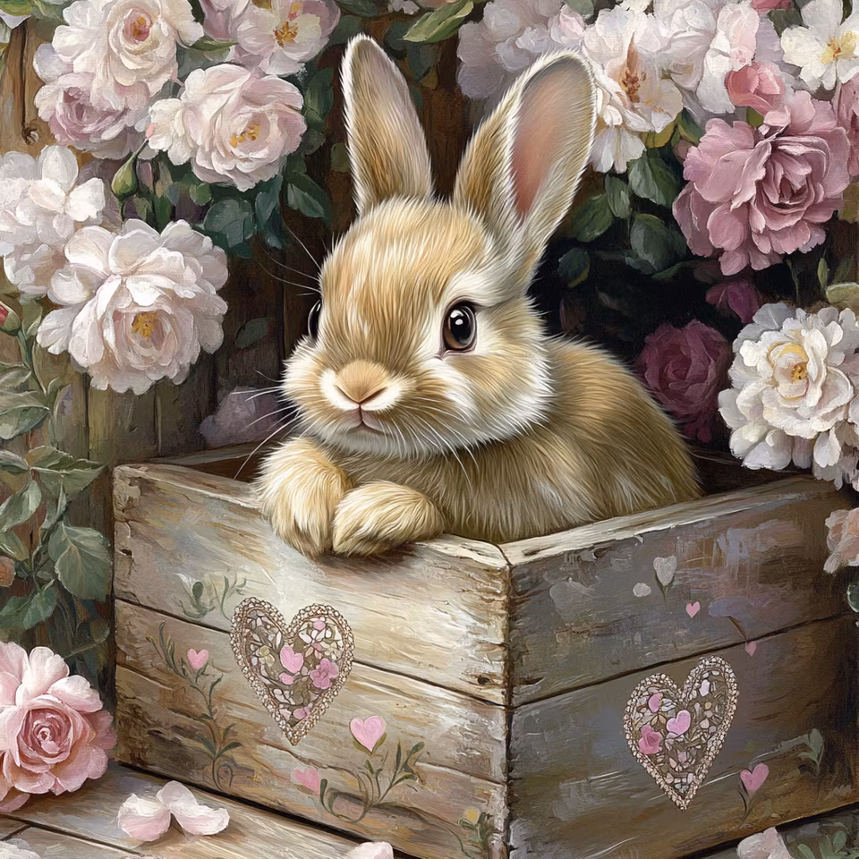 diamond painting resin, diamanttavla, kanin i rustik trälåda, ljusa rosor och blomster