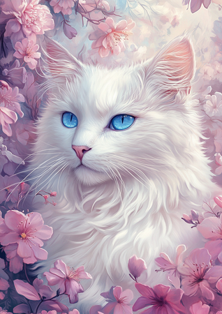 Diamond painting Resin - Blåögd katt bland blomster 50x70cm