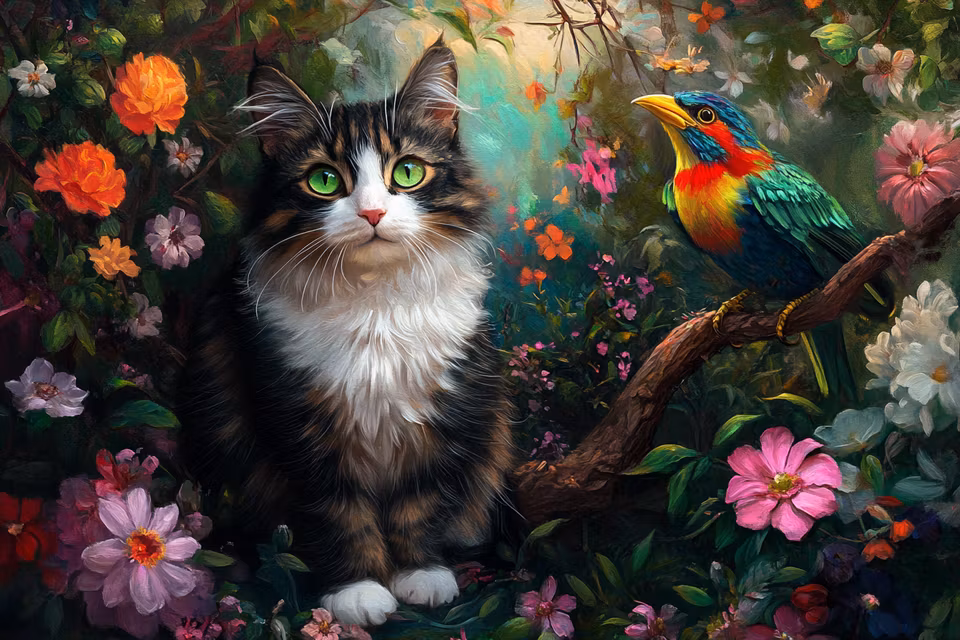 Diamond Painting Akryl - Trädgårdsmöte - Katt med smaragdögon - 30x20cm