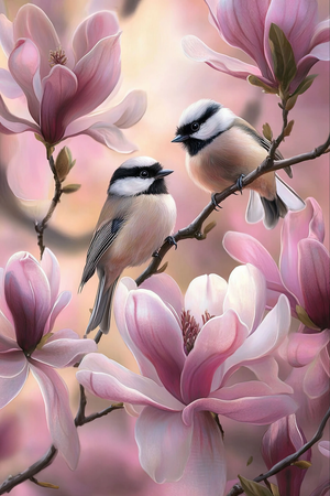 Diamond painting Resin - Förtrollande vår med mesar och magnolia 50x70cm