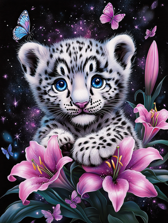 Diamond painting Resin - Snöleopard i galaxens blomster 40x50cm