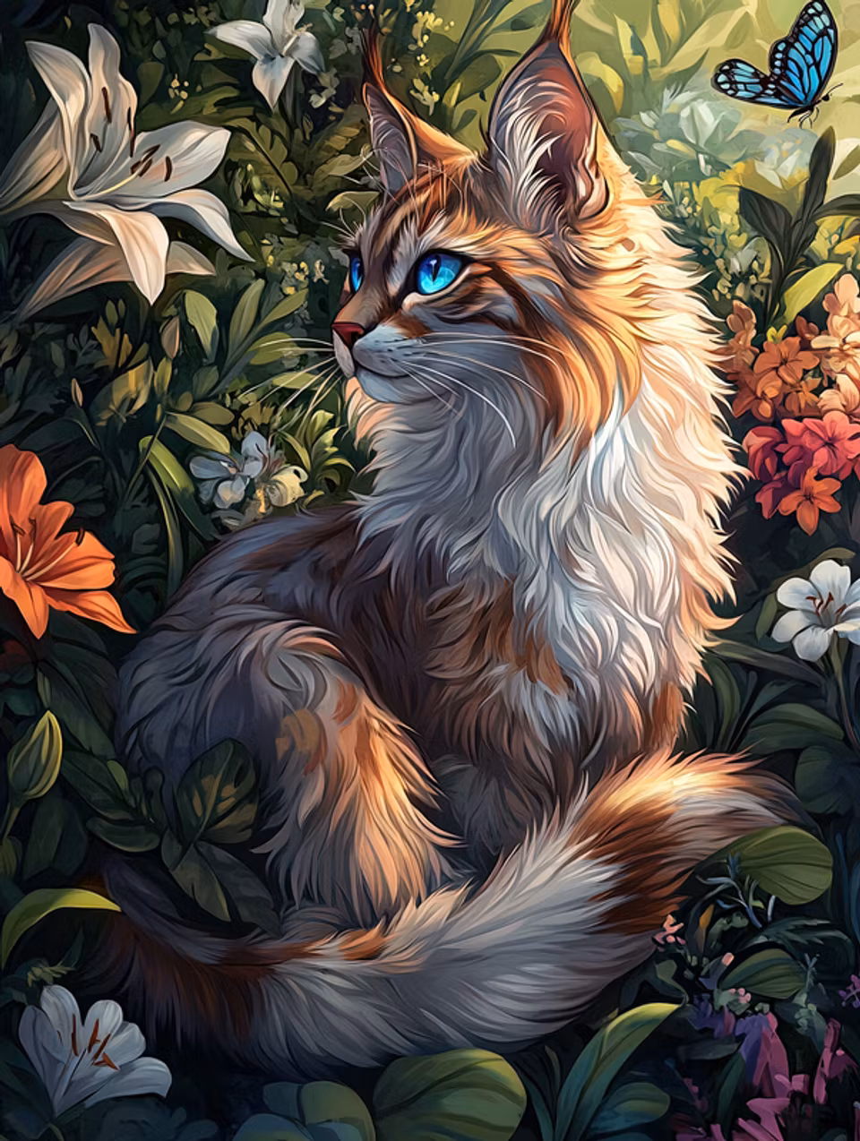 Diamond painting Resin fluffig katt bland blommor