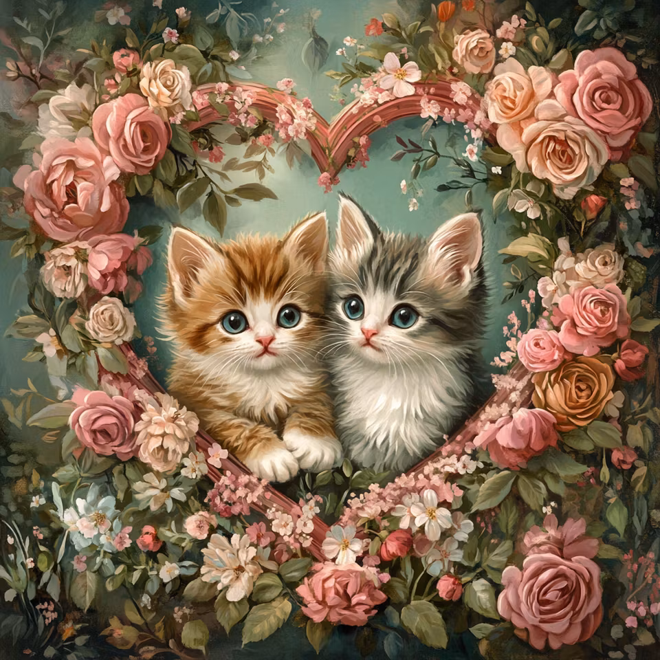 Diamond Painting Akryl - Kattungekärlek i rosornas hjärta 30x30cm