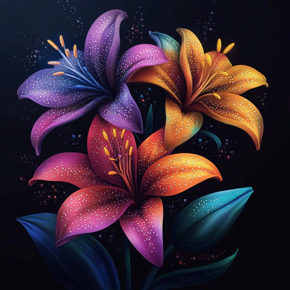 Diamond Painting - Regnbågsliljor mot nattsvart bakgrund (Beställningsvara)