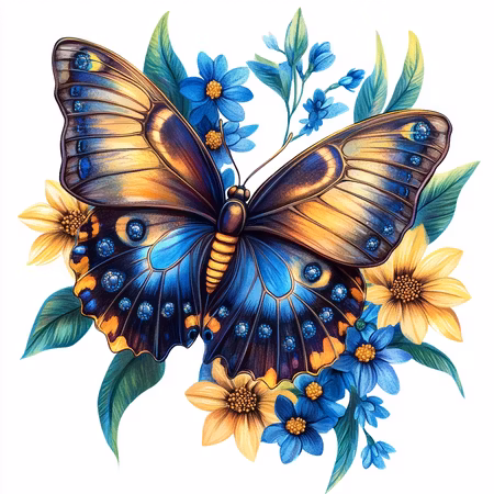 Diamond Painting - Gyllene fjäril bland blå blomster (Beställningsvara)