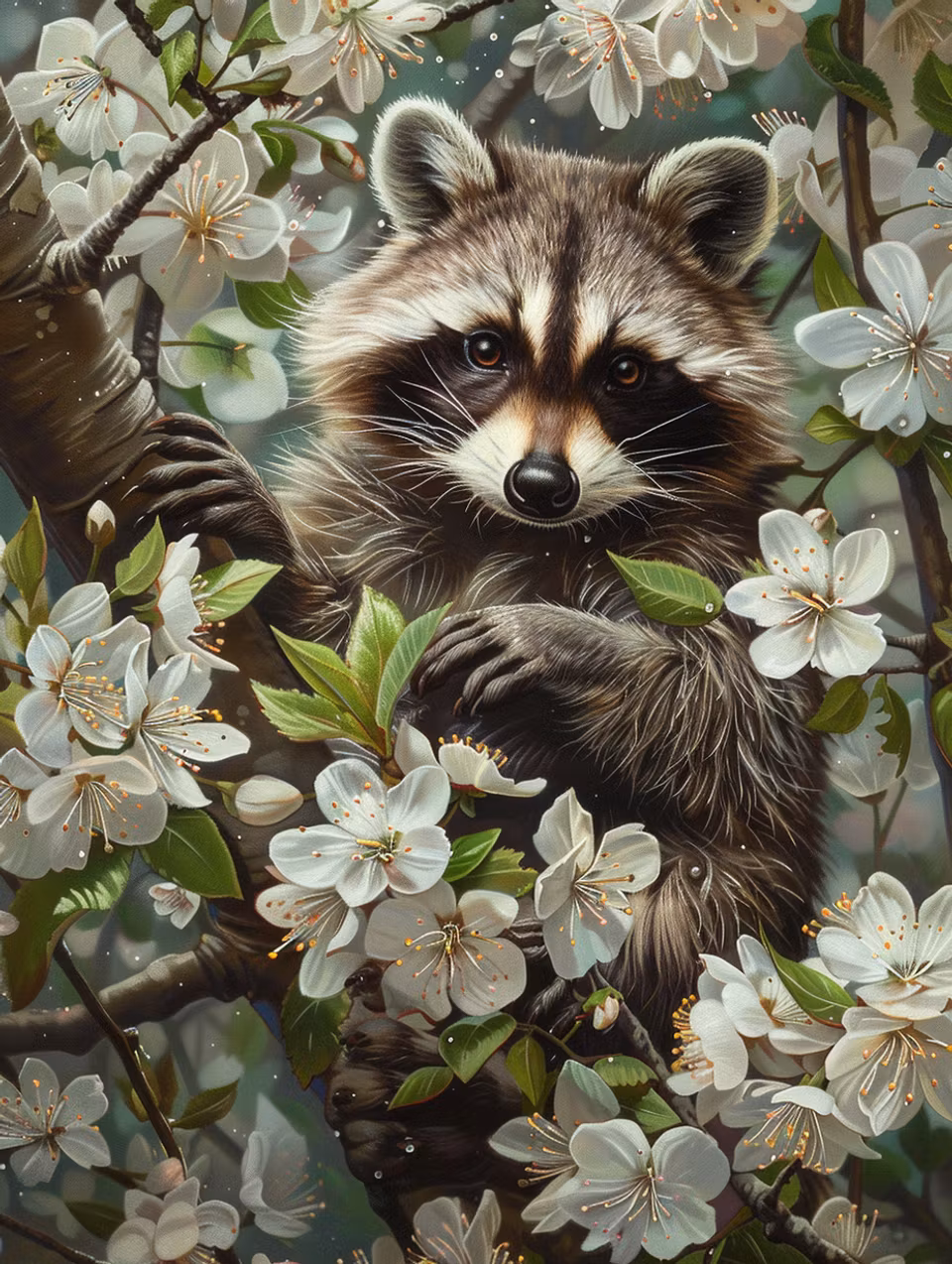 korsstygn, tvättbjörn bland vita blomblad