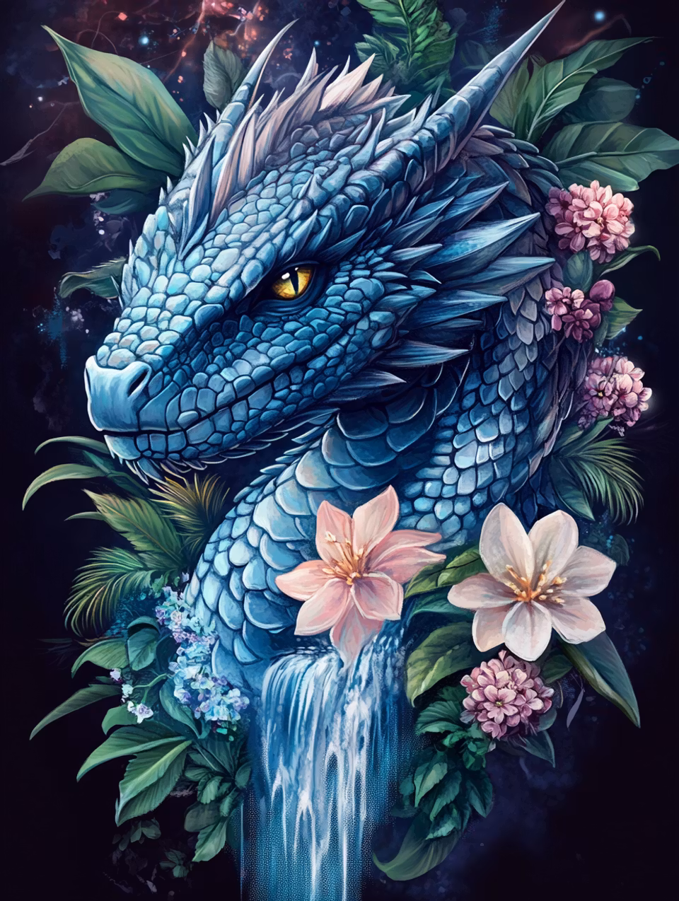 korsstygn, drake med blad och blommor