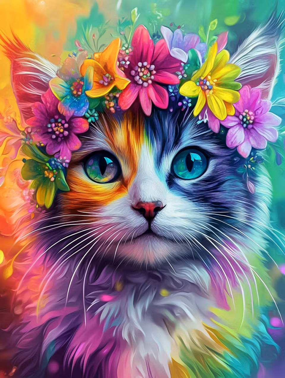 diamond painting akryl, regnbågsfärgad katt med blomkrans