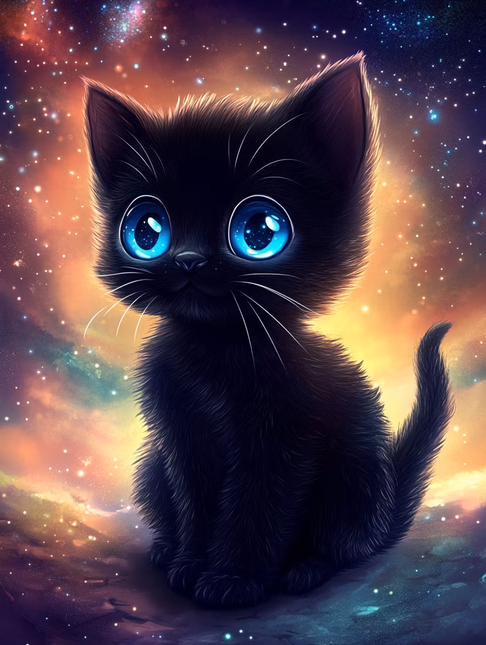 diamond painting akryl, svart katt omringad av universum