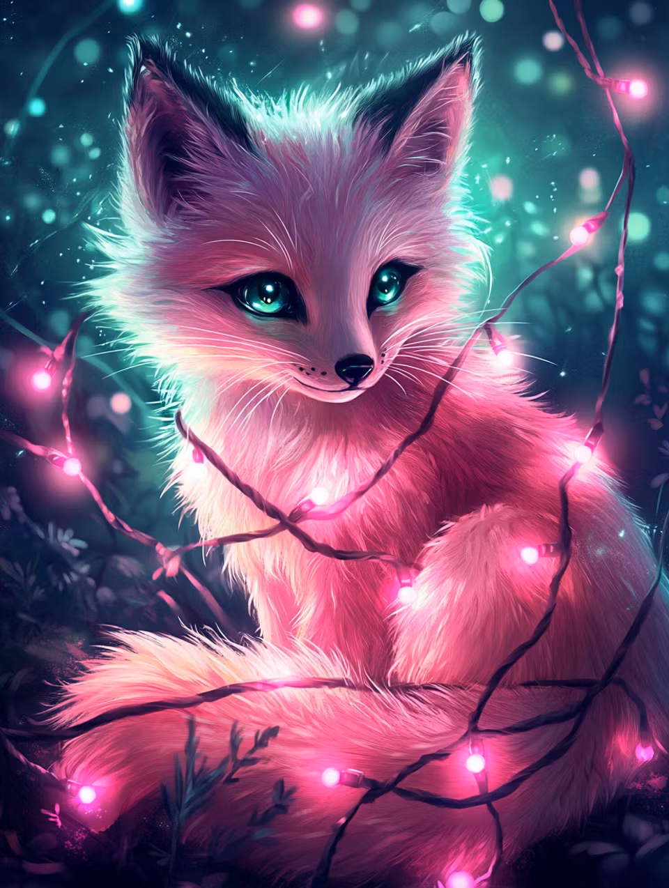 diamond painting akryl, rosa räv i skog, ljusslingor