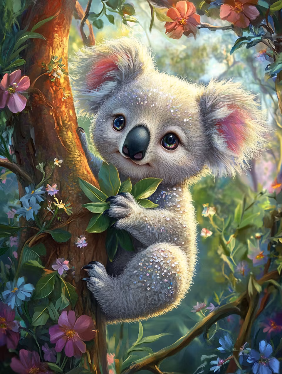 diamond painting akryl, koala i träd med färgglada blommor