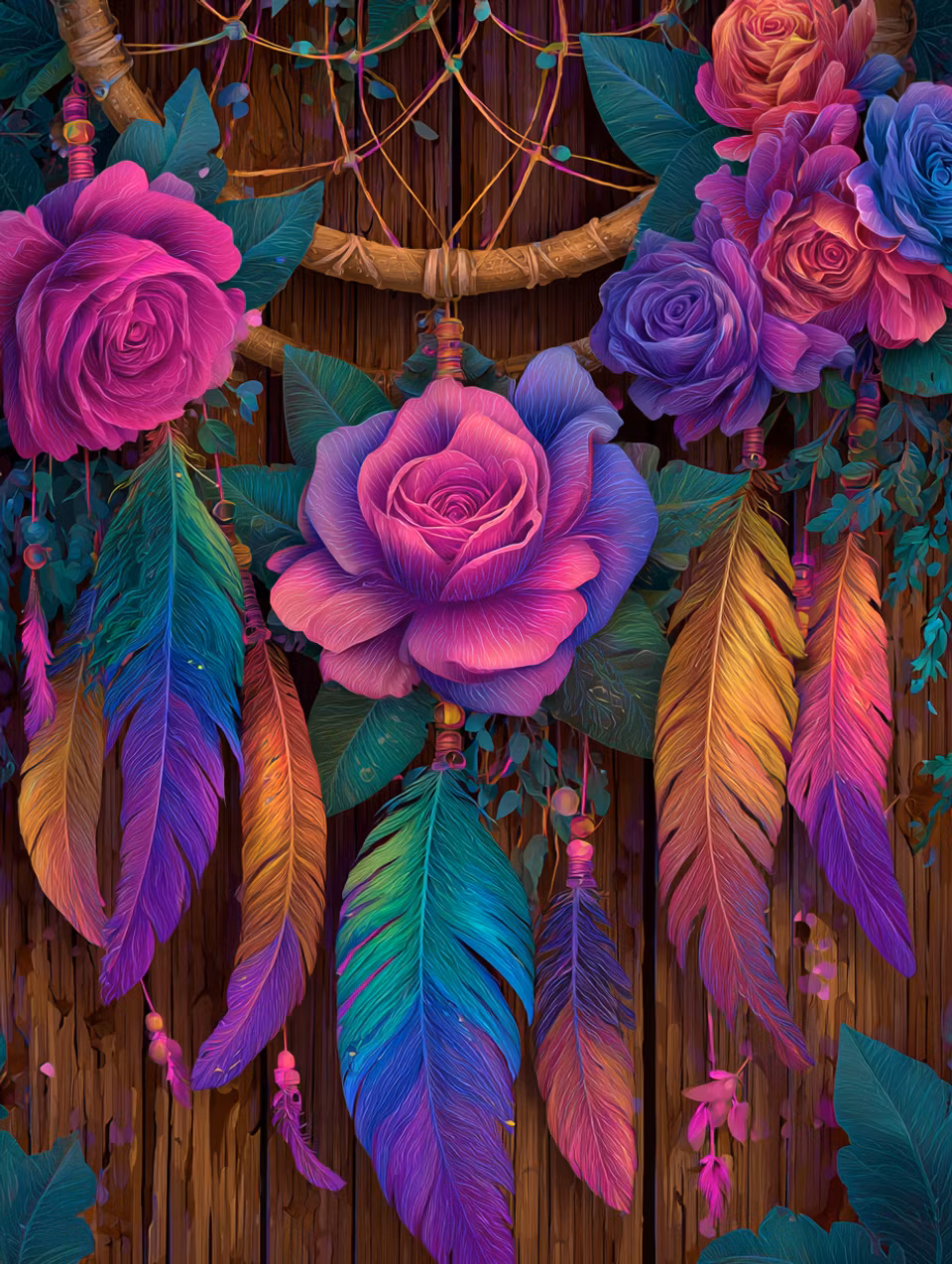 diamond painting akryl, drömfångare med rosor i lila, rött och rosa