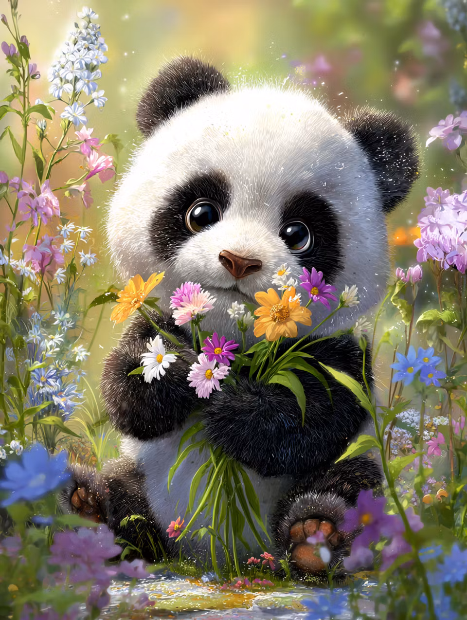 Diamond Painting - Söt panda med blomsterbukett (Beställningsvara)