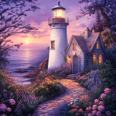 Diamond Painting - Fyr vid havet i solnedgång (Beställningsvara)