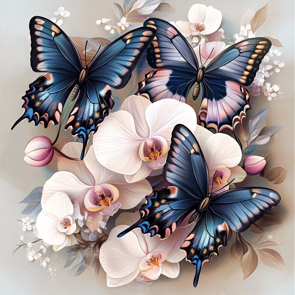 Diamond Painting - Sommarfjärilar bland orkidéer (Beställningsvara)