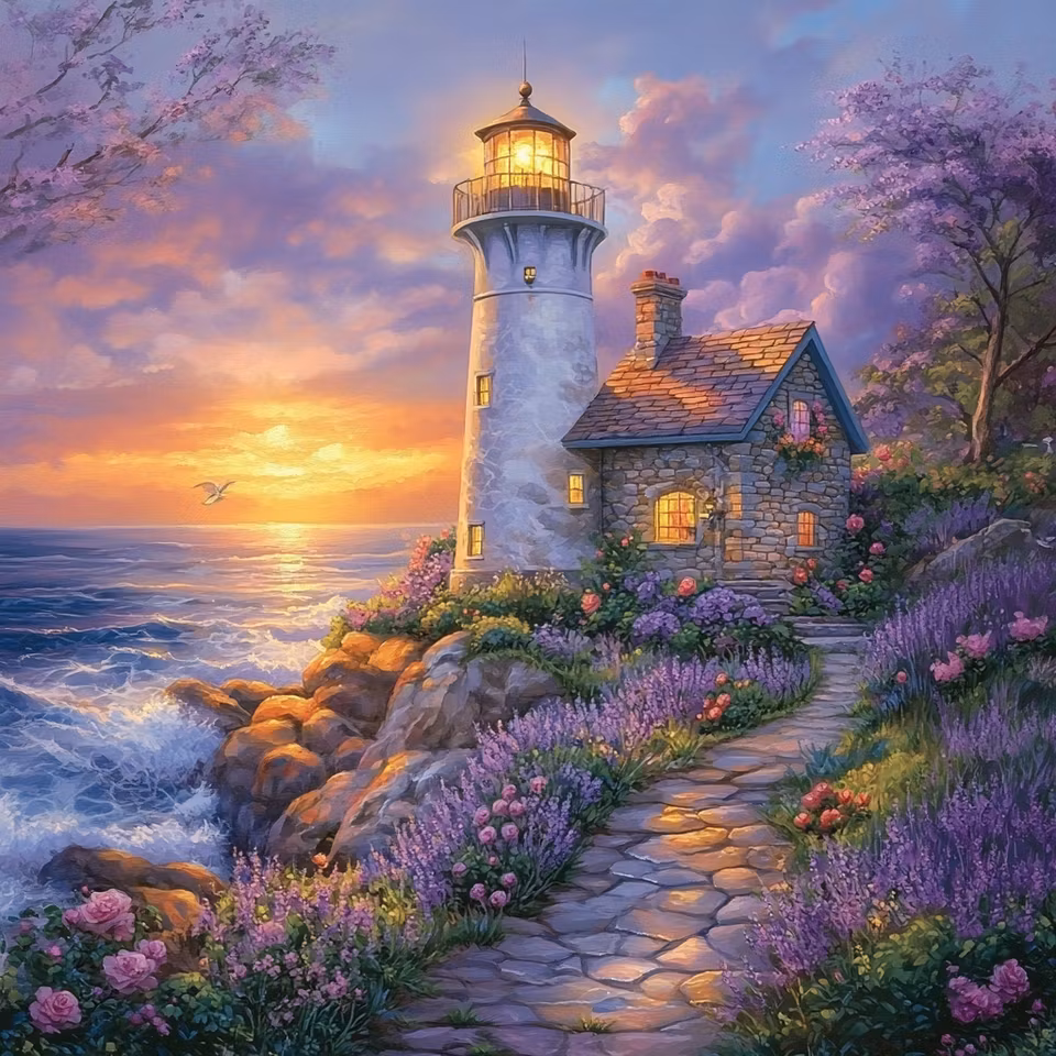Diamond Painting - Fyr vid havet i solnedgång (Beställningsvara)
