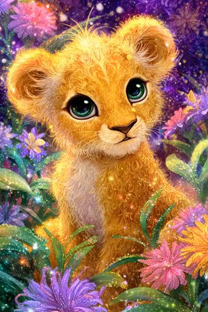 Diamond Painting - Magisk lejonunge i blomsterregn (Beställningsvara)