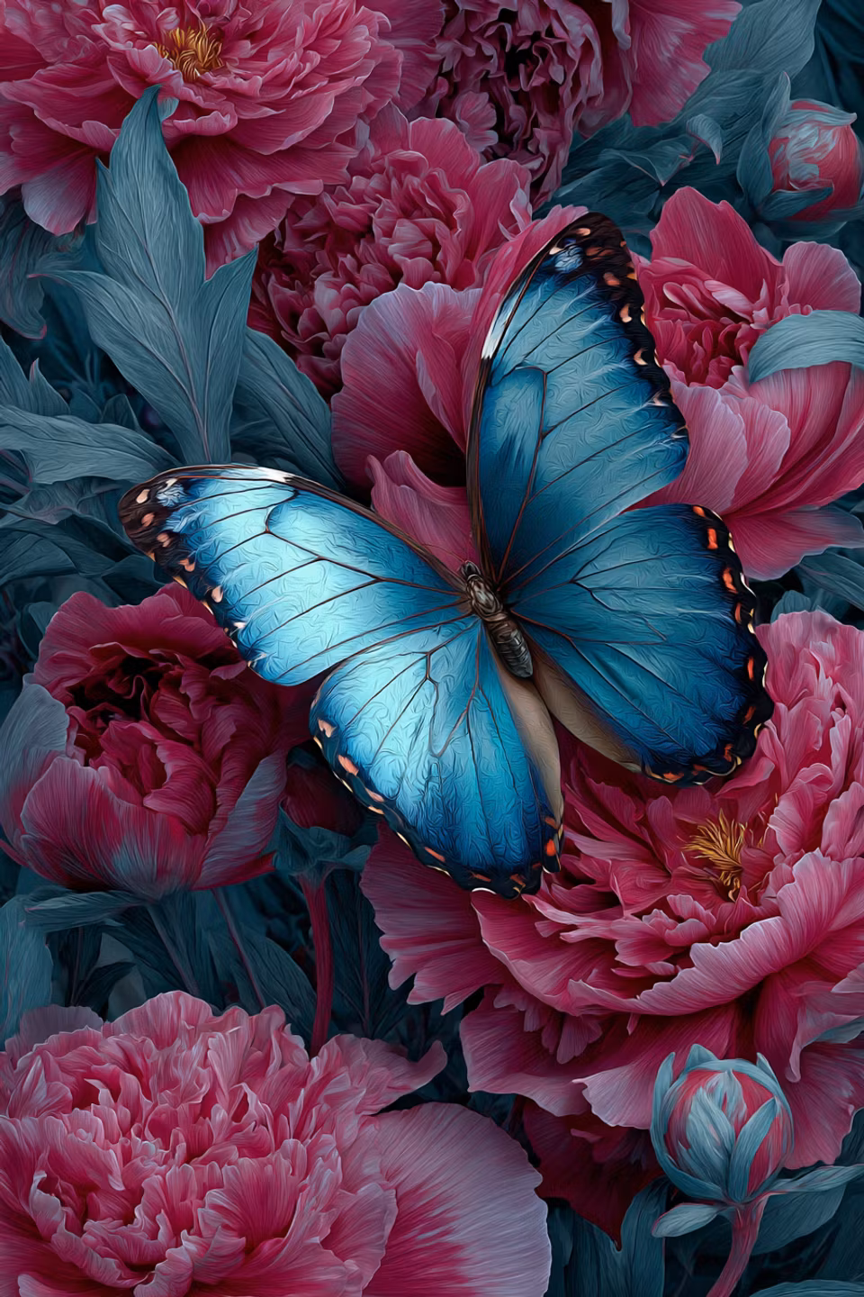 Diamond Painting - Himmelsblå fjäril i blomsterhav (Beställningsvara)