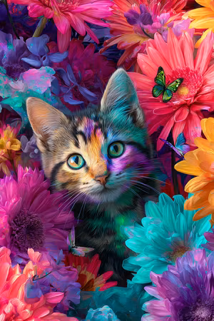 Diamond Painting - Färgsprakande katt bland blommor (Beställningsvara)