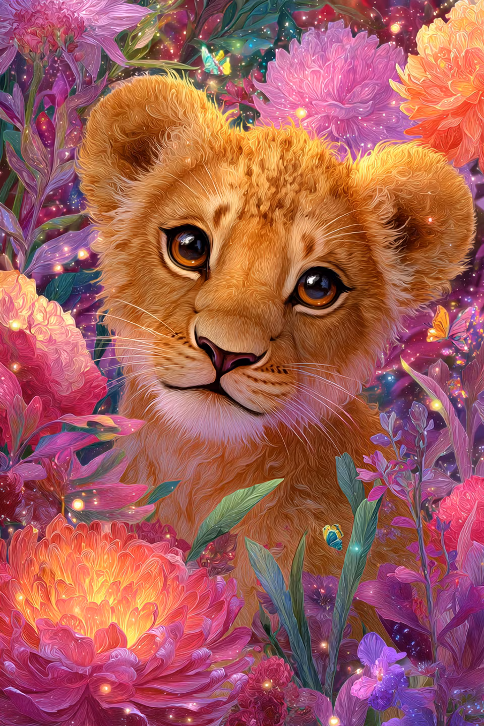 Diamond Painting - Nyfiken lejonunge i blomsterhav (Beställningsvara)
