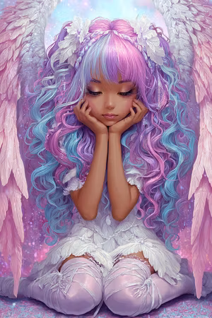 Diamond Painting - Drömmande ängel med rosa och blå lockar (Beställningsvara)