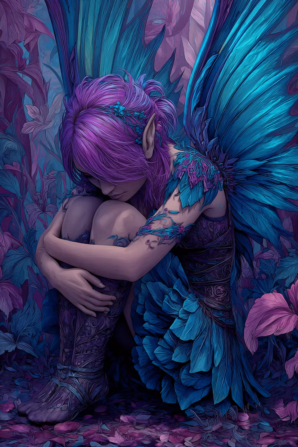 Diamond Painting - Ängel i blått och lila med fjäderklädnad (Beställningsvara)