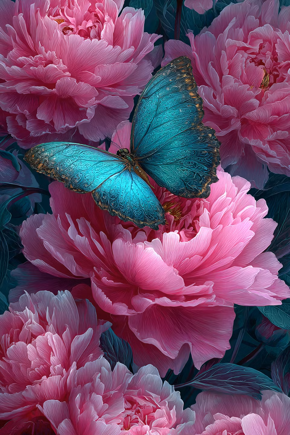 Diamond Painting - Turkos fjäril på rosa pioner version 1 (Beställningsvara)