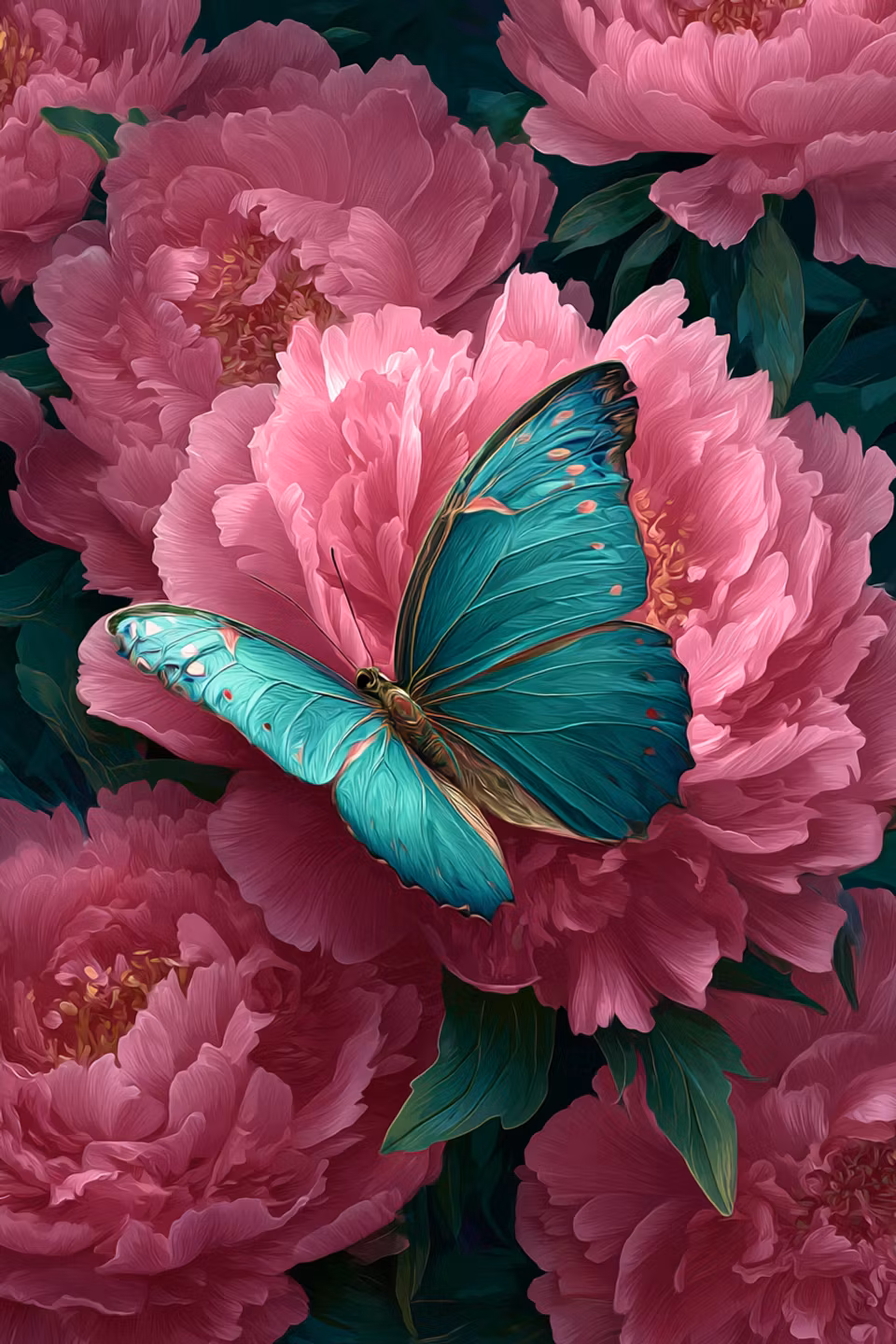 Diamond Painting - Turkos fjäril på rosa pioner version 2 (Beställningsvara)