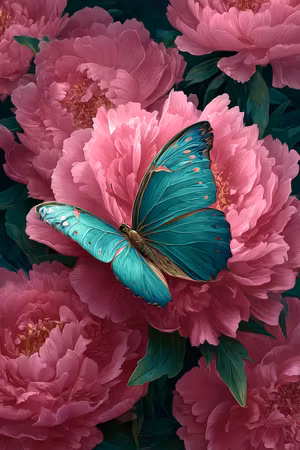 Diamond Painting - Turkos fjäril på rosa pioner version 2 (Beställningsvara)