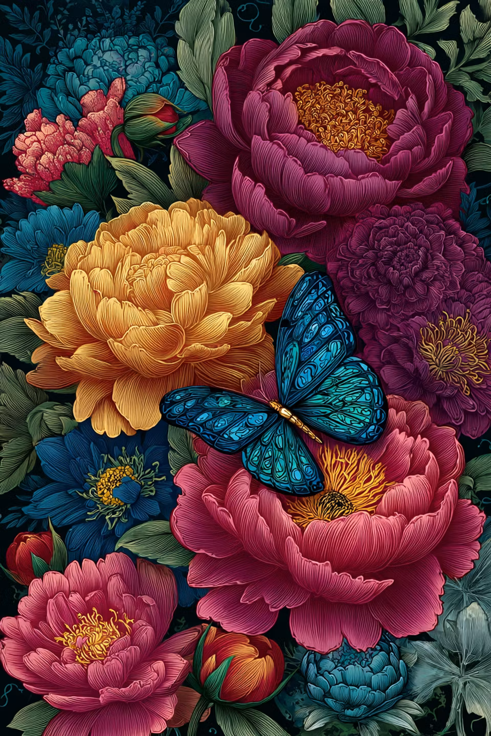 Diamond Painting - Fjäril bland färgstarka pioner (Beställningsvara)