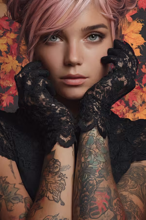Diamond Painting - Tatuerad kvinna med rosa hår och spetsvantar (Beställningsvara)