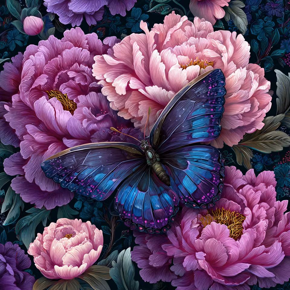 Diamond Painting - Blåvinge bland rosa pioner (Beställningsvara)