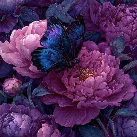 Diamond Painting - Mörk fjärilsdans bland lila blomster (Beställningsvara)
