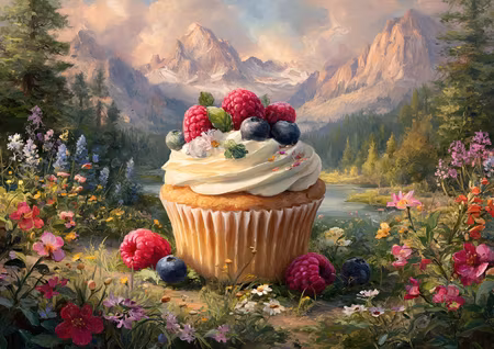 Diamond Painting - Cupcake i bergslandskap med bär (Beställningsvara)