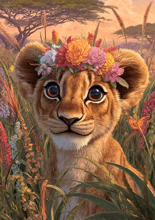 Diamond Painting - Lejonunge med blomsterkrans i savannen (Beställningsvara)