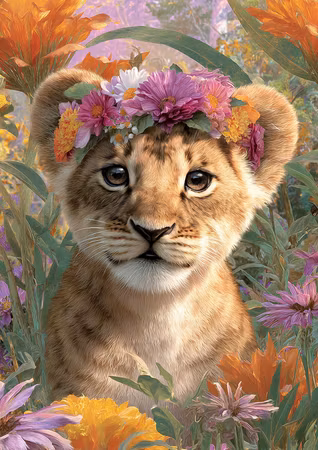 Diamond Painting - Lejonunge med färgglad blomsterkrans (Beställningsvara)