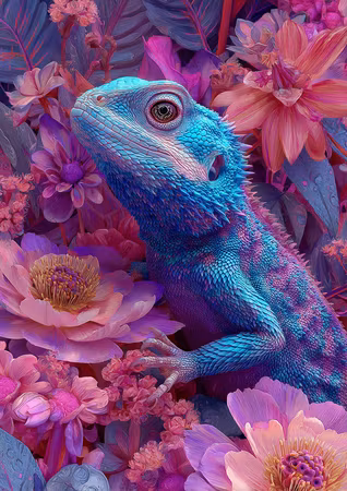 Diamond Painting - Cyan ödla bland rosor och pioner (Beställningsvara)