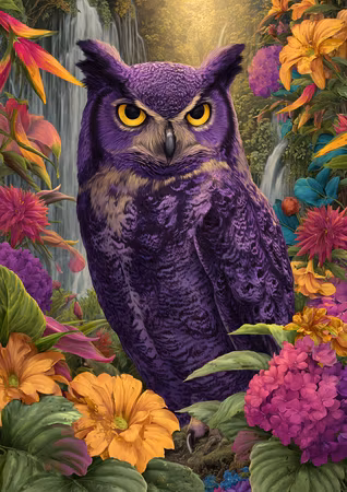 Diamond Painting - Uggla i purpur och tropisk grönska (Beställningsvara)