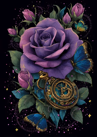 Diamond Painting - Lila rosor och fjärilar kring gyllene klocka (Beställningsvara)