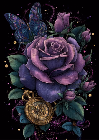 Diamond Painting - Klocka och rosor i purpurnatt (Beställningsvara)
